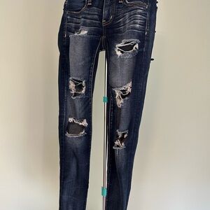 American Eagle Outfitters Dark Blue Ripped Low Waisted Skinny Jeans